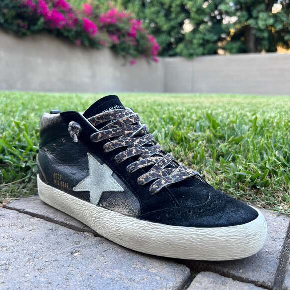 Golden Goose Black and White Star Sneakers with Leopard Laces - Picture 1 of 16